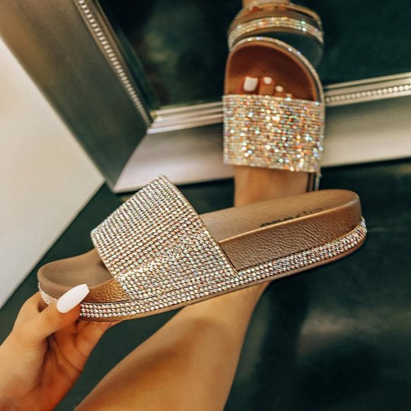 Shoes - NEW🔥 Rose Gold Rainbow AB Rhinestone Slide Sandal